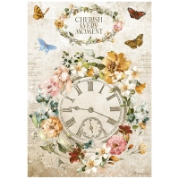 Stamperia A4 Rice paper  - Garden of Promises cherish every moment clock (DFSA4689)